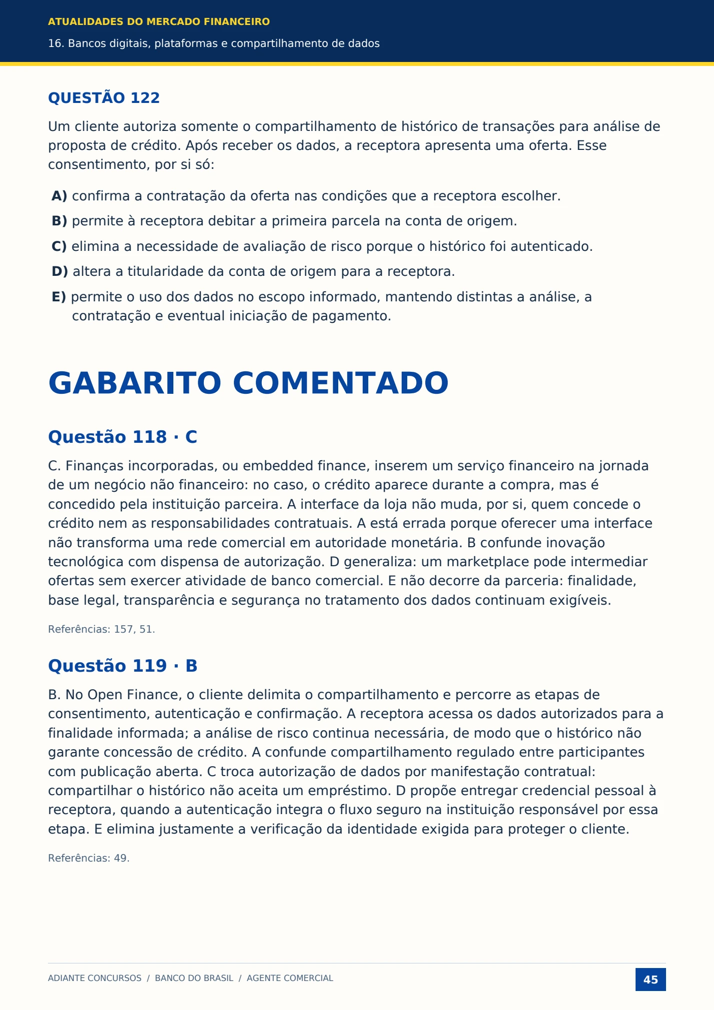 Questão 122 e comentários das questões 118 e 119