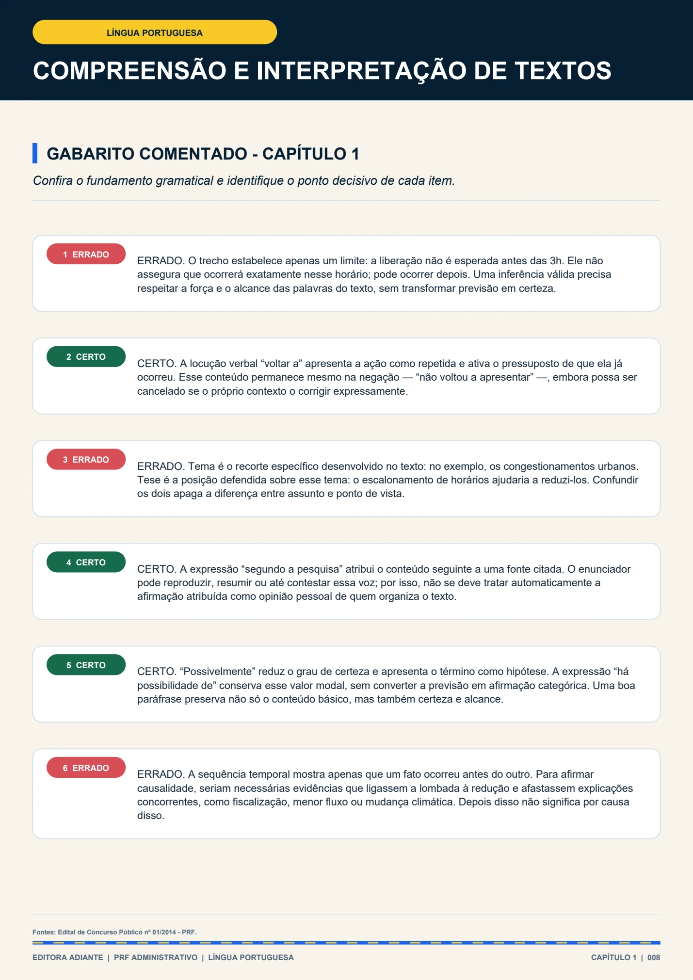 Gabarito comentado das seis questões de compreensão e interpretação de textos.