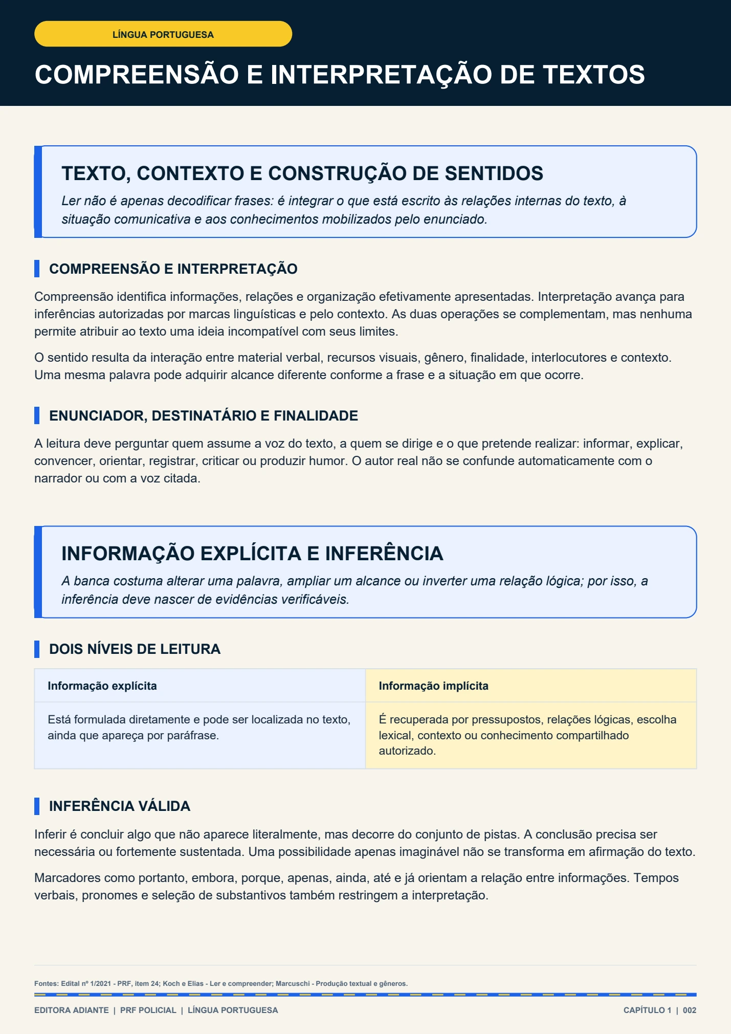 Página real da apostila com explicações de Língua Portuguesa em um tablet ilustrativo