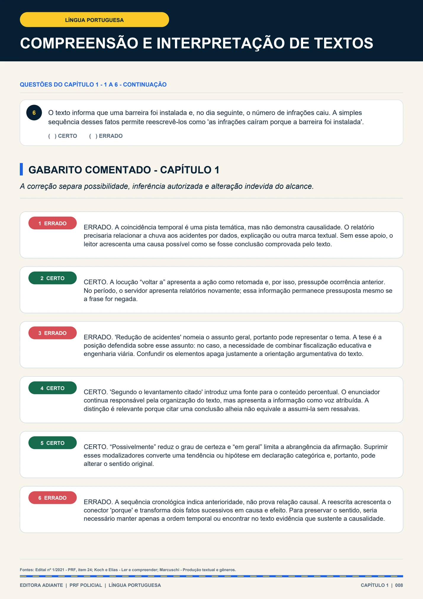 Questão 6 e gabarito comentado dos seis itens de interpretação de textos
