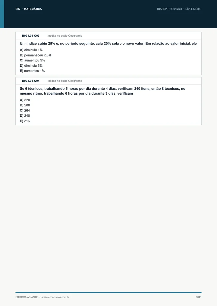 Questões de porcentagens e produtividade