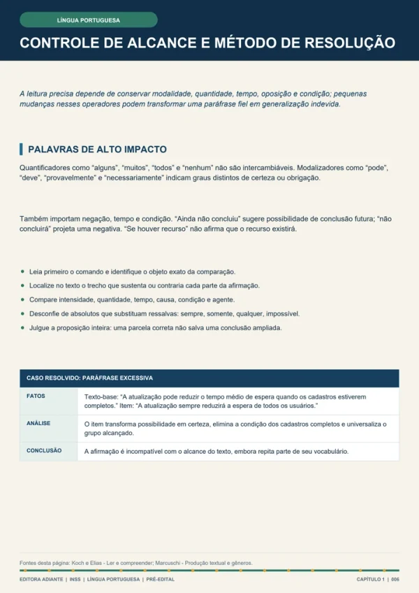 Controle de alcance e método de resolução — página real 006 da apostila INSS